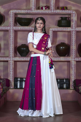 Resplendent White Soft Cotton Resham Ari Embroidered & Real Mirror Work With Slender Lahenga Choli