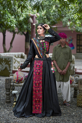 Bootylicious Black Soft Cotton Resham Ari Embroidered & Real Mirror Work With Lehenga Choli