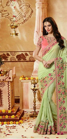 Parrot Color Awesome Vichitra Silk With Heavy Embroidery Design Work Saree