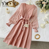 YuooMuoo Romantic Women Knitted Pink Party Dress 2019 Fall Winter V Neck Elegant Chiffon Long Sleeve Sashes Dress Ladies Dress