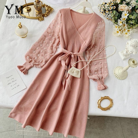 YuooMuoo Romantic Women Knitted Pink Party Dress 2019 Fall Winter V Neck Elegant Chiffon Long Sleeve Sashes Dress Ladies Dress
