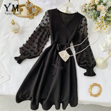 YuooMuoo Romantic Women Knitted Pink Party Dress 2019 Fall Winter V Neck Elegant Chiffon Long Sleeve Sashes Dress Ladies Dress