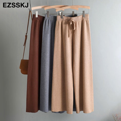 2019 autumn winter new THICK casual straight pants women female drawstring loose knitted wide leg pants casual Trousers