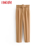 Tangada black suit pants woman high waist pants sashes pockets office ladies pants fashion middle aged pink yellow pants 6A22