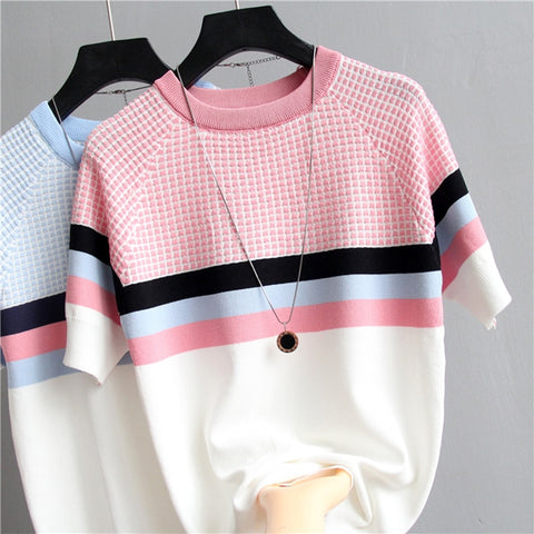 shintimes Plaid T Shirt Women Striped Tshirt Knitted Cotton 2019 Korean T-Shirt Woman Clothes Tee Shirt Femme Camisetas Mujer