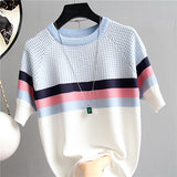 shintimes Plaid T Shirt Women Striped Tshirt Knitted Cotton 2019 Korean T-Shirt Woman Clothes Tee Shirt Femme Camisetas Mujer